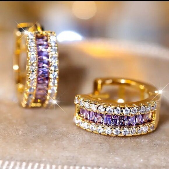 Small Huggie Earrings with Tons of Bling Purple 1414 - Picture 6 of 7